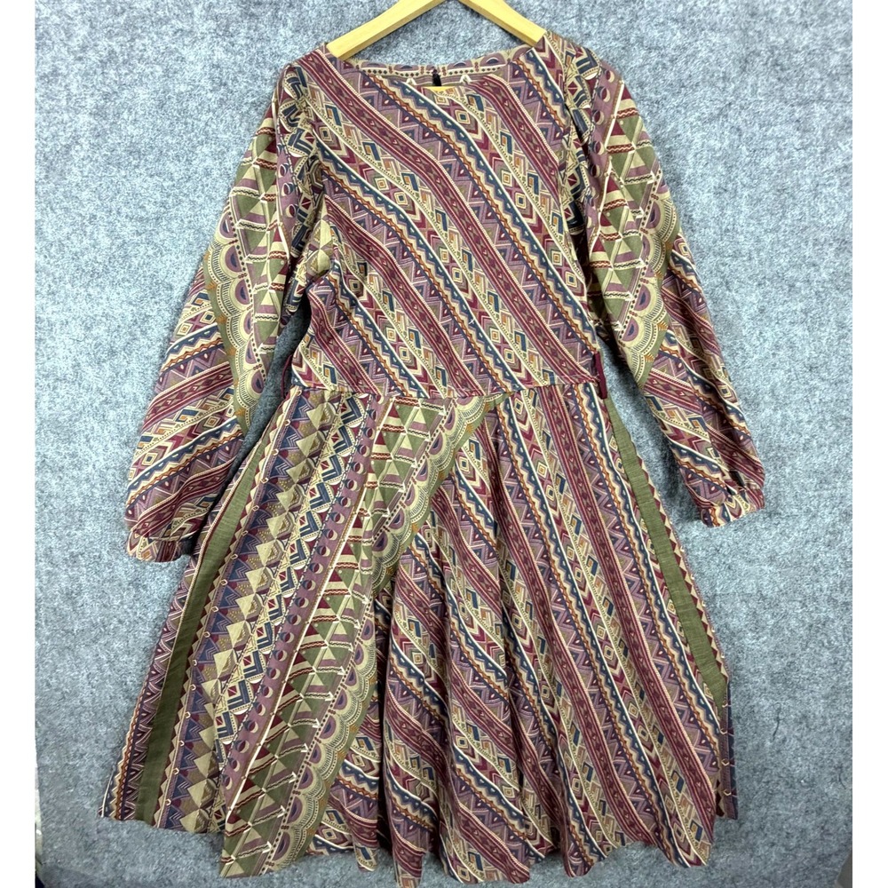 Vintage Womens A-Line Dress Hippie Boho Geometric Purple Green Beige Modest